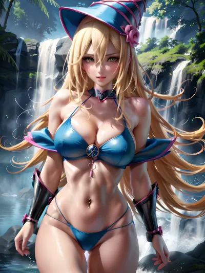 (at waterfall), (outdoors), high quality, highres, 8k, 1girl, solo, extremely detailed, detailed eyes, natural breast, perfect body proportion, hmdmg1, wizard hat, blush, blush stickers, bare shoulders, (blue bikini:1.2), <lora:dark_magician_girl_v1:.7>, face focus, happy face, grin, looking at viewer, lipgloss, (masterpiece:1.4), (best shadow:1.4), (stunningly beautiful face:1.4), upper body, navel piercing, mature female, detailed skin, shiny skin, sakimichan, <lora:sakimichan-v1.6-lora-naivae-newcraft-block-4ep:.6>, <lora:add_detail:.2>, standing pose, (portrait:1.4)