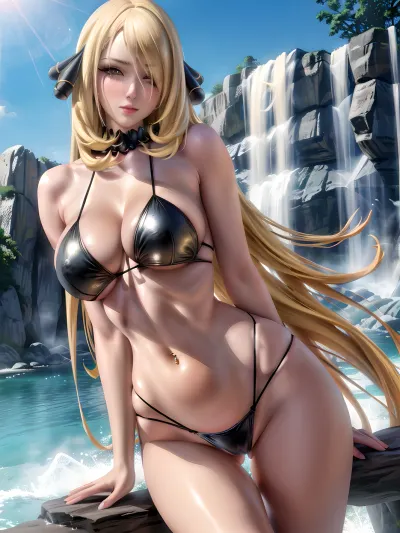 (at waterfall), (outdoors), high quality, highres, 8k, 1girl, solo, natural breast, extremely detailed, perfect body proportion, cynthia, very long hair, arms behind back, long hair, hair ornament, black bikini, blonde hair, cleavage, large breasts, (hair over one eye:1.2), <lora:cynthia_pokemon:1>, face focus, lewd face, closed mouth, looking at viewer, lipgloss, (masterpiece:1.4), (best shadow:1.4), (stunningly beautiful face:1.4), blush, upper body, navel piercing, mature female, detailed skin, shiny skin, sakimichan, <lora:sakimichan-v1.6-lora-naivae-newcraft-block-4ep:.6>, <lora:add_detail:.2>, standing pose, (portrait:1.4)