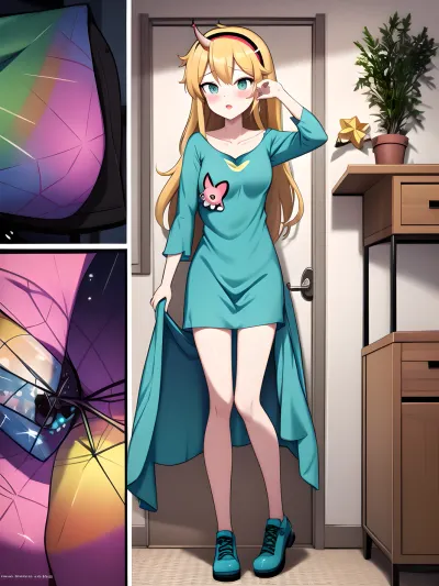 woman, Multi_frame-collage, comic_book_panels, comic_panel_layout, <lora:mangapolonia:.5>, open, towel, <lora:open_towel_v0.1:.5>, star, butterfly, green, squid, outfit, spider, horn, hairband, shroom, rainbow, nightgown, sleep, mask, princess, dress, <lora:StarButterfly_v1.1:.5>