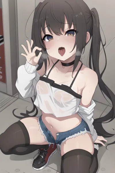 La chica de la foto está usando una tapa de tanques de midriff, collar de garfio y peinado de cócteles. Se mete con las manos de rodillas, mirando la cámara con una expresión de lujuria