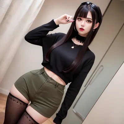 长着黑色头发、绿色眼睛和诱人的姿势的年轻美国女孩 戴着一条由黑色金属制成的 带有钻石柱的项链 她穿着黑色牛仔裤热裤 紧紧抱住她的曲线 她的棉花很长