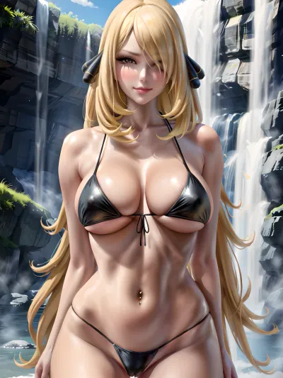 (at waterfall), (outdoors), high quality, highres, 8k, 1girl, solo, natural breast, extremely detailed, perfect body proportion, cynthia, very long hair, arms behind back, long hair, hair ornament, (black bikini:1.2), blonde hair, (grey eyes:1.2), cleavage, large breasts, (hair over one eye:1.2), <lora:cynthia_pokemon:1>, face focus, lewd face, closed mouth, grin, looking at viewer, facing viewer, lipgloss, (masterpiece:1.4), (best shadow:1.4), (stunningly beautiful face:1.4), blush, upper body, navel piercing, mature female, detailed skin, shiny skin, sakimichan, <lora:sakimichan-v1.6-lora-naivae-newcraft-block-4ep:.6>, <lora:add_detail:.2>, standing pose, (portrait:1.4)