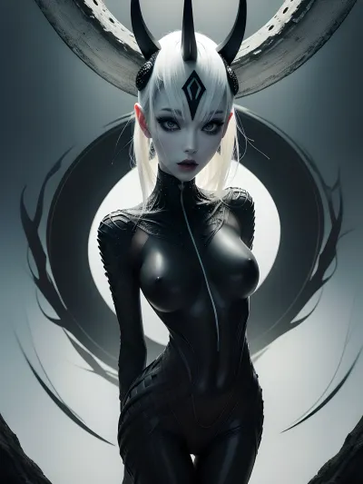 身上有黑色图案的裸体外星女孩 穿过雪白的森林 她的裸体在月光下闪耀 她脸上的表情很惊讶 她看到一个 眼睛宽而文字精美的怪兽