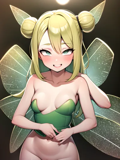 1TinkerWaifu fairy, single, hair, bun, strapless, green, dress, wings, uncensored large breasts, <lora:tinkerbell_character-10PROUNED:.5>, ohogao, fucked, silly, medium build, medium hips, ahegao, rolling eyes, smile, clenched teeth, half-closed, <lora:ohogao_rolling_eyes_V1-000005:.5>