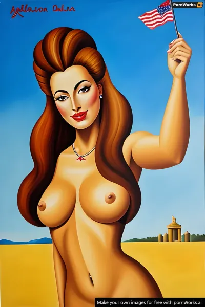 Painting of revolution in america in the style of Salvador Dalí, topless, medium boobs