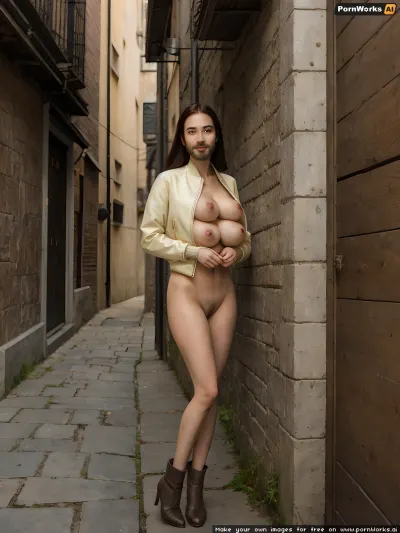 Die AI generierte Porno-Bild von einem nackten Ghibli-Hexen-Mädchen in einer schmalen Gasse, lehnt sich an die Wand mit ihrem Kopf gekippt zurück und ihr Mund offen in einem Lächeln, ist necken in einem symmetrischen Gesicht, schlanke Taille, schlanke Beine