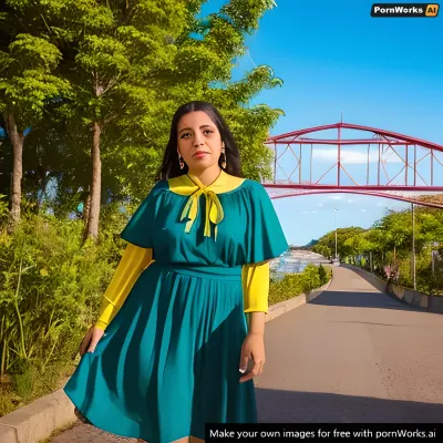 a very beautiful São Luís woman, background São Luís, light brown, black, yellow, green, blue