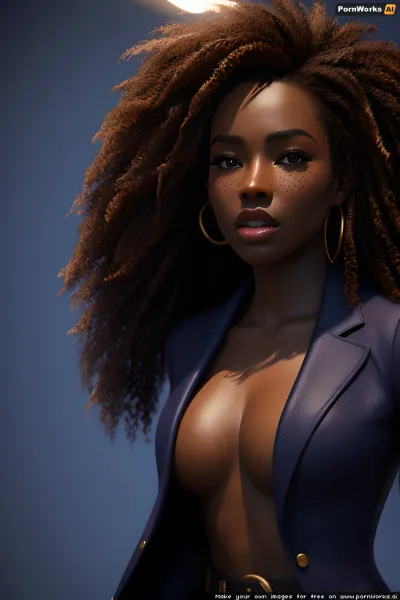 La femme sur l'image porte un trenchcoat noir couleur peau, avec la meilleure qualité ultra détaillée 18 ans expression faciale. Elle a une peau très sombre et une pose frappante, avec un éclairage spectaculaire. Ses cheveux sont façonnés de telle sorte qu'il