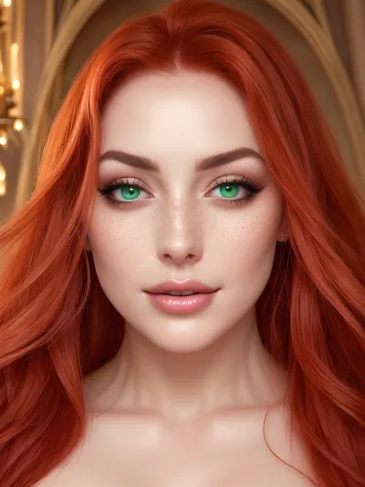 Her fiery red locks, cascading like molten streams of fire, frame her delicate features with an air of mystery, The enchanting emerald green eyes, shimmering with a bright spark of intelligence and warmth, captivate with their magical gaze, The noble shape of her nose, and the graceful arches of her eyebrows lend her a regal allure, The curtains of her lashes delicately frame her eyes, adding intrigue and allure, The tender speckling of freckles dances across her nose and cheeks like stars in the sky, Her skin, akin to peach velvet, is soft and flawless, Her smile, a source of joy and warmth, captivates hearts with its charm, In her eyes resides a world of kindness and dreams, and her beauty fills the space with light and warmth, woman, Her vagina, a delicate blossom of femininity, exudes an aura of sensual allure. Soft, velvety folds invite exploration, glistening with a hint of moisture like dewdrops on petals. The delicate pink hues of her inner lips contrast with the deeper shades of her outer labia, forming a mesmerizing canvas of beauty. Nestled within, the pulsing warmth of her essence beckons with a promise of intimate connection. Each touch elicits a symphony of pleasure, a testament to the exquisite sensitivity of her most intimate sanctuary.
