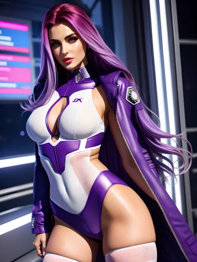 女子在屏幕上欣赏她高清的画面,欣赏她网络朋克背景和流发的现实细节. 她不禁感到对这个AI生成的图像的渴望激增