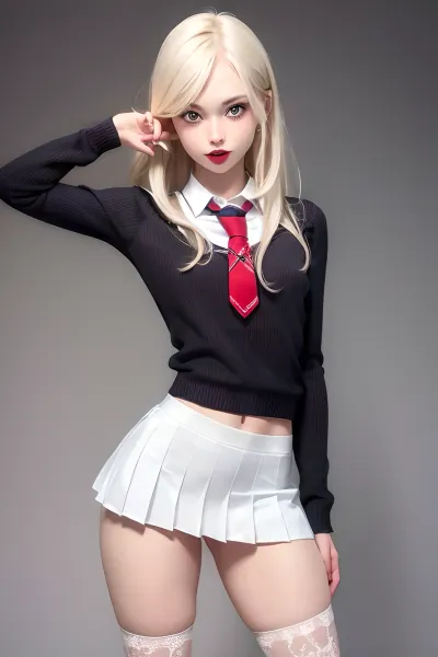 ((scandinavian young adult girl)), fair skin, very very looong looong blonde hair, ((gymnast body)), cheeky smile, ((high detailed skin)), ((skirt)), high quality, detailed skin texture, (highly detailed hair), sharp body, highly detailed body, ((skinny body)), (slim body:1.3), (school young adult girl uniform:1.5), ((slender body)), (full body on frame), visible panty on legs, (realistic), ((straight hair)), insanely detailed, highest quality, red lipstick, blue eyeshadow, makeup, junior, e, mini, stockings, gar, <lora:shirtliftALORAFor_shirtliftv1:1>