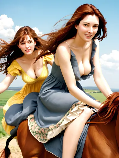 woman in a sundress, downblouse, windblown hair, riding a horse, <lora:RealDownblouse4:1>