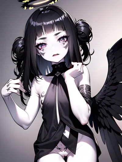 masterpiece, 18 years old goth girl, (white skin:1.5), anorexia, very thin, very thin waist, ultra-detailed, finely detail, highres, (highly detailed face:1.5), (highly detailed eyes:1.5), 8k wallpaper, (in full height:1.9), (glowing black tattoos:1.6), (dark angel young young adult girl:1.5), (full black eyes without whites:1.5), (black makeup:1.3), (a glowing black halo above the head:1.5), (big dark angel black wings:1.5), (divine light:1.3), sidedoggystyle, 1boy, ass, doggystyle, sex, <lora:EkuneSideDoggy:.5>
