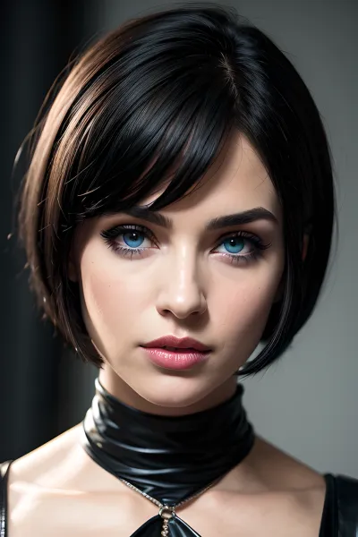 pretty goth girl, black bob hair cut, blue eyes, headshot picture