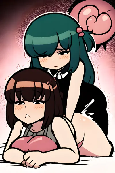 Duas garotas acariciaram na cama, uma segurando uma imagem pornô gerada pela IA. Eles riram e disseram: "Acho que vamos ter que experimentar!