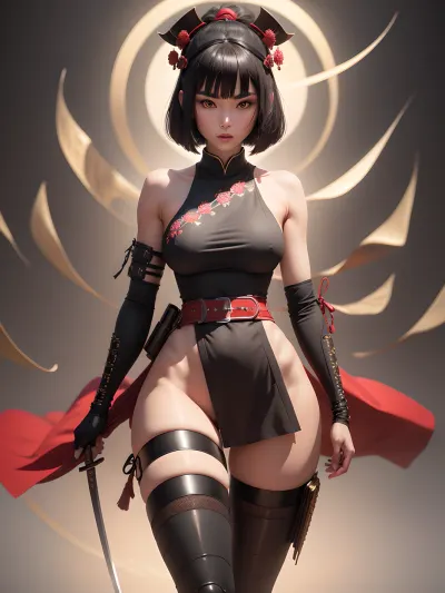 Das Samurai-Mädchen stand vor der Kamera, ihr Körper bedeckt mit einer schwarzen und goldenen Samurai Rüstung. Ihr Haar war perfekt gestylt, und ihr Gesicht war schön mit hohem Detail. Sie hielt eine Katana auf ihrem Gürtel und ihre Beine