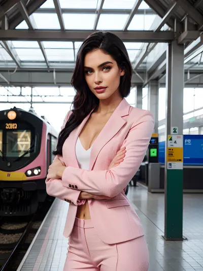 Background is a german train station, (((One head))), (((One face))), very beautiful girl, beautiful face, angel face, (((black hairstyle))), green natural eyes, detailed eyes, smokey eyes, beautiful eyes, wide eyes, symmetrical eyes, detail irises, eyeliner, perfect eyes, instagram model, super top model, detailed face, make up, big lips, huge lips, perfect lips, perfect white teeth, perfect figure, detailed irises, perfect face, super model, top model, skin pores, textured skin, detailed skin, beautiful german trainstation background, hard nipples, focus on body, thin hips, skinny, thin, perfect fingers, perfect hand, showing tongue, perfect tongue, open mouth, (((pink office suit))), very long hair