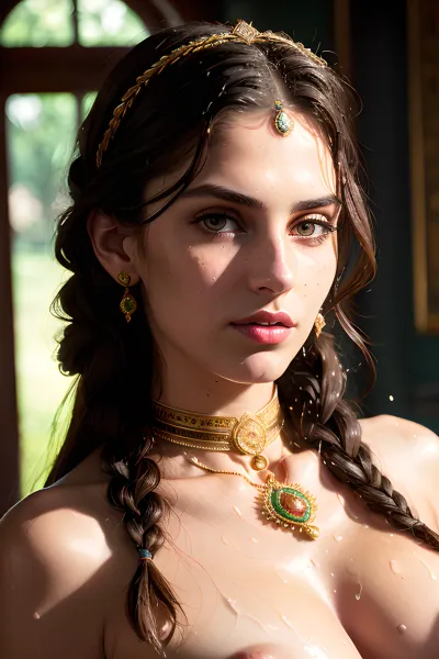 ((cute tall face)), ((18 years old girl)), elegant, waterdrops on boobs, ((wet oiled body), , :1.3), water on body, ritual, summer night, temple, full body nude, amazing body, pronounced feminine feature, ((medium breasts), , :1.3), (freckles:.6), (skin pores:1.1), (smirk:1.1), (lust:1.3), (look at viewer:1.4), (high quality face:1.4), (high detailed face skin:1.4), (realistic iris:1.4), (bracelet and necklace), (realistic pupils:1.4), (dim light), (beautiful moles and freckles:1.1), (collar:1.3), (brunette:1.3), (egypt jewelry), ((very pale skin), , :1.3), gold, (dark lit candles), ((very large ancient egyptian collar), , :1.2), toned body, ((chains), 1.3), ((symmetrical eyes)), (((very curly hair)), , :1.3), ((classic orientalist painting inspired)), (ancient greek priestess:1.2), exotic, archaic, ((braided hair), , :1.3), ((green large eyes)), (((magnificient queen, majestic goddess, divine), , :1.2)), ((byzantine greek icon), , :1.2), (saint:1.2), (((dark room), , :1.3)), ((circe, google arts and cultures, james collinson inspired, inspired by Gustave Boulanger)), ((collar), , :1.3), (((Mixed ethnicity), , :1.3)), ((usekh), , :1.2), ((collar with jade and red gems), , :1.2), ((ancient jewelry:1.3)), ((slavic girl), , :1.3), ((perky tits), , :1.3), (hard nipples), ((russian girl), , :1.3), ((polish girl), , :1.3)