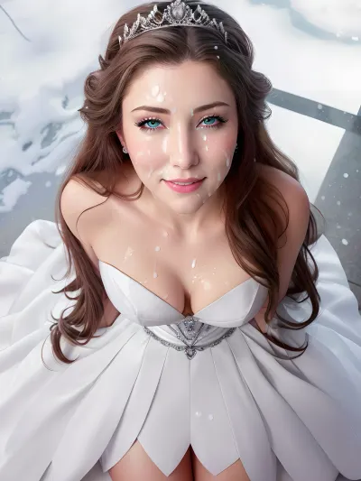 Beautiful princess in white bride dress putside in snow, snow background, Close up, beautiful fairy tale princesses on knees looking up at viewer, view from above, elegant fairty tale princess dresses, long flowing brunette hair, slim body, e body, fit body, perfect face, seductive. Not naked, sexy, sensual, erotic, perfect lighting, ultra realistic, 8k resolution, ultra-detailed, instagram model, professional photography, realcumAI, cum, on, cloth, <lora:cum_on_cloth:.5>, cohf, face, covered, in, semen, woman, <lora:cohf:.5>, silver hair, white hair, blue eyes, crown, tiara, eye contact, smiling, snow mountains, princess