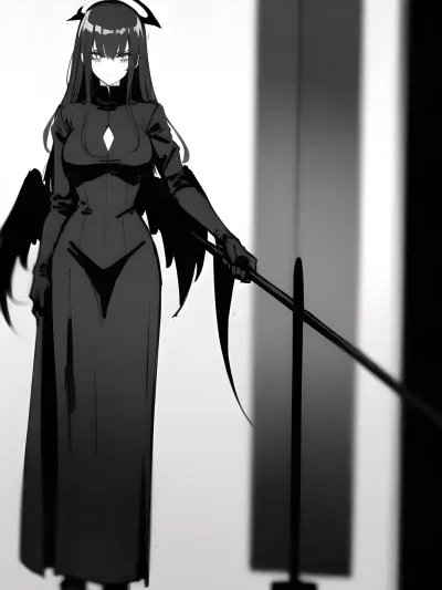 1 girl, (dark angel:1.5), 18 years old goth girl, anorexia, very thin, very thin waist, best quality, ultra-detailed, masterpiece, finely detail, highres, 8k wallpaper, (in full height:1.8), (sad:1.5), black makeup, black lips, black lipstick, tattoos, gothic temple, (big black wings:1.5), (halo above the head:1.5), (in a black cassock:1.3), (She holds the scythe of death:1.3), (black-white:1.5), (monochrome:1.5), (grayscale:1.5), (sketch:1.5), (anime:1.5)