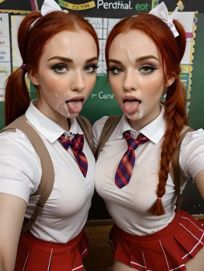 two young Irish 18 year olds, beautiful slender red-haired twin girls look lustfully at the camera, open mouths, protruding tongues, close up, macro, back twin tails, lush bows in hair, sperm in the mouth, sperm on their faces, sperm on their tongues, sperm flows down, ((school uniform)), microskirt, high socks, blouse, vest, tie, <lora:facialized:.5>, <lora:cuminmouth:.5>, <lora:MS_Real_Facial_Lite:.5>