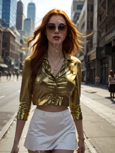 beautiful young 18 years old thin red-haired Irish rich girl, a girl walks down the street of a densely populated metropolis, ((arrogant look)), ((metropolis)), ((walks down the street with cum on her face)), a lot of people around, cute tall face, ((freckles)), ((Sunglasses)), ((fashionable clothes urban style)), expensive blouse, fashionable vest, skirt, expensive shoes, ((gold jewelry)), makeup, ruined makeup, (cum on face), ((cum on glasses)), skyscrapers in the background, bright sunshine, sunny day, (cinematic style), <lora:CineStyle5:.5>, <lora:MS_Real_Facial_Lite:.5>, <lora:cumwalk-10:.5>
