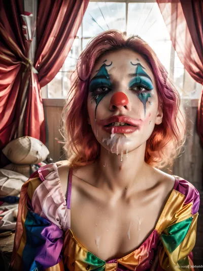 若くて美しい少女は、彼女の顔に悲しい姿がサーカスのアリーナに座っています。 彼女は彼女の外観を疲れさせ、悲しいものにする、クラウン衣装とメイクアップを着ています。 メイクは激しく、疲れ、悲しい感じです。 ライトは、