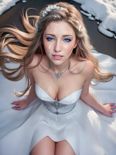 Beautiful princess in white bride dress putside in snow, snow background, Close up, beautiful fairy tale princesses on knees looking up at viewer, view from above, elegant fairty tale princess dresses, long flowing brunette hair, slim body, e body, fit body, perfect face, seductive. Not naked, sexy, sensual, erotic, perfect lighting, ultra realistic, 8k resolution, ultra-detailed, instagram model, professional photography, realcumAI, cum, on, cloth, <lora:cum_on_cloth:.5>, cohf, face, covered, in, semen, woman, <lora:cohf:.5>, silver hair, blue eyes