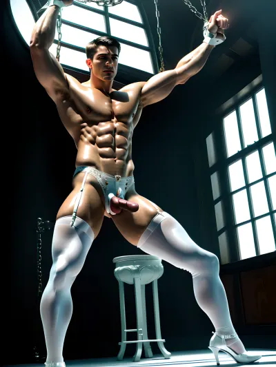 (photo taken in a Victorian luxurious interior manor full of windows with metal bars on the window), perfect illumination, (best shadow), in each room cell are many man completely naked with hands tied behind the back and suspended in shackles with ceiling chains, muscular man with both hands above head straighten and tied to ceiling by metal handcuffs and metal chains, muscular man show penis erected, detailed face, large erect penis, from side, 1boy, penis, (athletic man body with a big penis), <lora:tied_wrist:.5>, flaccid dick, show penis, penis awe, <lora:penis awe【show penis:.5>, penis awe】, .5>, naked, muscular man wearing sexy white bra and white stockings and heels, side bottom-up perspective view, muscular man wearing white fetish stiletto very high heels ankle platform boots, ARMS TIED ABOVE HEAD, HANDCUFFED TO CEILING, (((full body in view))), (((full body in frame))), single view, (from front), wooden, metal, bdsm frame, bondage, muscular man wearing sexy white bra and stockings and heels, muscular man wearing metal shiny collar with huge metal padlock, muscular man wearing large white lace satin sheer transparent see through push bra, sexy white satin bra and stockings and heels, muscular man wearing white satin gloves, muscular man wearing black satin garter straps with white lace and white nylon shiny fully fashioned stockings with white back seam, muscular man wearing very high heels white fetish shoes, muscular man wearing white satin garter straps with white lace and white nylon shiny fully fashioned stockings with white seam, muscular man wearing white latex garter straps and orange nylon shiny fully fashioned stockings with orange back seam, chained_up, <lora:chained_up:.5>, pillory, men is wearing metal chastity cage, detailed glans, full view, only one girl, shemale, sissy, sissy muscular man wearing white satin lace sexy bra, trap, wearing large white lace satin sheer transparent see through push bra, (masterpiece, best quality), lighting from front, view from front, muscular man wearing metal chastity cage, front view, 1 girl is standing up in front of the man, 1 woman is seating in a throne king chair in a corner, and 1 girl is standing up in front of the man, <lora:BetterCocks:.5>, <lora:chastity_belt_ver3:.5>, <lora:chastitybelt:.5>