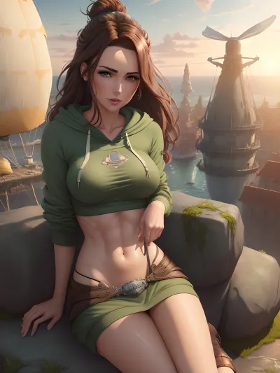 A high-quality AI generated a photorealistic masterpiece of a woman with wide eyes, delicate features, and long brown hair. She was kneeling on the ground with her knees bent and her head tilted back. Her breasts were perky and perfectly