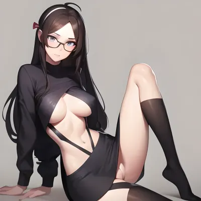 1 girl, best aesthetic, young face, glasses, anime, slim body, young body, skinny, slim stomach, hair, brunette hair, flat women tits, white stockings, tits, upper teeth, covered nipples, skinny long legs, skinny ass, blue eyes, perfect pussy, hair ribbon, ahoge
