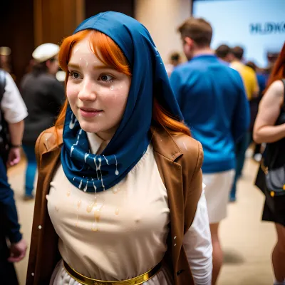 high quality, 8k wallpaper, gorgeous 18yo woman cosplaying Boticelli's Venus at cosplay convention, ginger hair, (((embarrassed))), ((ashamed)), ((chubby)), ((pubic hair)), nun, (cumhair:1), ((cum in hair)), ((cum on cloth)), <lora:cum_on_cloth:.5>