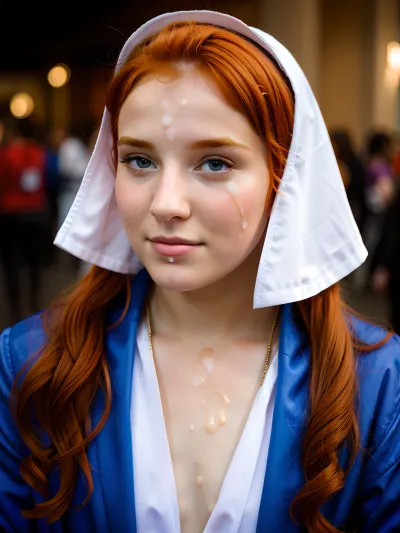 A high-quality 8k wallpaper with gorgeous 18yo woman cosplaying Boticelli's Venus at cosplay convention. She is embarrassed and ashamed as she cums on her cloth, and she has chubby pubic hair, ginger hair