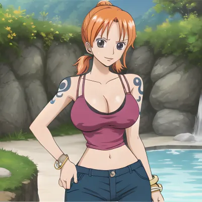 Nami, a young girl with long orange hair and large breasts, loved to wear revealing clothing and often wore her favorite tank top with no bra. She also had a tattoo of an o-ring on her left wrist that she got when she turned