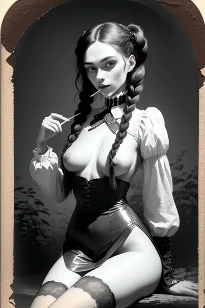 Une photographie victorienne mettant en vedette une jeune femme debout devant un marécage boisé dense, portant une belle veste victorienne en col col de dentelle noire. Son visage est mince et féminin, avec une prise de vue complète avec une caméra de film analogique