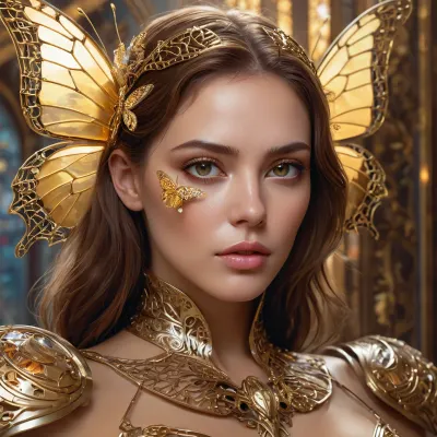 एक सुनहरे बालों वाली महिला और एक 8k artgerm और greg rutkowski असली चित्रकला सोने तितली filigree, HDR का एक टूट कांच चित्र