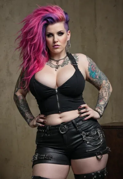 Curvy woman, realistic masterpiece, (a modern badass woman, tall, very strong, thick woman, wild style hair:1.1), tattoos, ((full body in frame:1.1)), textured pale skin, posing, 30 years old, beautiful, seductive, alluring, (((wearing punk rock outfit))), (perfect hands:1.2), high quality, colorful, neon, hands behind head, horny wild mom, only two legs, busty, wide hips, american
