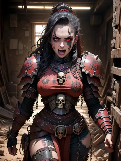 (1young adult warrior girl), (digital), (in detailed ruin, (armor)), best quality, khorne, roaring, fangs, Chainaxe, galaxy burns, evil look, red eyes, scarred, Tattoos, Warrior, metal, skull, <lora:boldline:.2>, <lora:hairdetailer:.2>, <lora:khorne:.7>, implied, <lora:implied_fellatio_v2_b:.5>, mizumizuni, fellatio, penis, <lora:col_mizumizuni_3r64d512p_020-000009:.5>, cum, on, <lora:cum on any v3:.5>