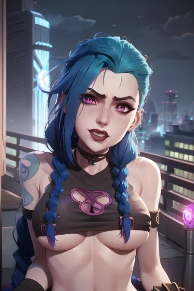 Jinx, the best quality, jinx. With a perfect asymmetrical bangs and soft lighting, she looks like a goddess. Her blue hair is so beautiful that it makes you want to touch it. She has a tattoo on her upper body