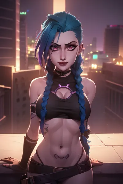(masterpiece), (best quality), jinx \, (league of legends\), perfect eyes, arcane style, jinx, league of legends, arm tattoo, asymmetrical bangs, bangs, blue hair, braid, brown shirt, cloud tattoo, looking at viewer, laughing, crazy, uncontrollable laugh, mad look, night, city, green hair, long hair, midriff, pink eyes, red lips, solo, standing, tattoo, twin braids, upper body, arcane jinx, detailed eyes, skin details, soft lighting, pov, kiss towards kamera, arcane, style, exposed breast, nipples, shirtless, <lora:arcane_offset:.5>, j1nx101, 1girl, <lora:Arcane_jinx-v4:.5>