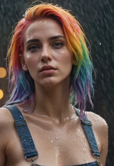 Грязная женщина с радужной шерстью, гиперреалистичный 3D-рендер с изящной женщиной с радужной шерстью, а также тусклым объемным освещением 8k октан красиво детализированным рендержкой женщины с радужной шерстью, гипер реалистично