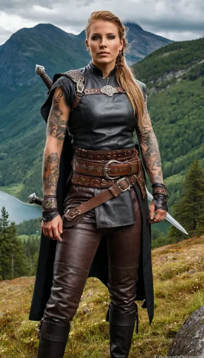 Uzun sarışın saçlarla çarpıcı bir İskandinav kadını ve karanlık pürüzsüz bir bulut kolyesi, bir resim yerinde bir taş üzerinde durdu, asimetrik saç ve asimetrik elbise giyiyordu. Yukarıdaki gökyüzü bulutlu ve griydi, genel olarak da ekledi