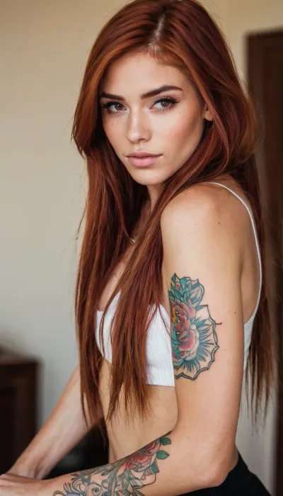 La obra maestra generada por AI con las palabras clave "AI, genera" es una imagen impresionante de una hermosa cara con cejas anchas, pechos naturales y pelo recto. El cuerpo perfecto tiene 18 años y tiene pechos medianos. Lleva zapatillas y miradas
