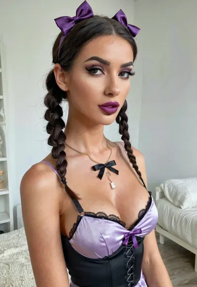 Close up Raw photo, 8k uhd, high quality, high resolution, ultra-detailed, professional photography, photorealism, realistic, beautiful sexy skinny tall supermodel girl, french maid look, beautiful face, long pigtails hairstyle with purple bows, dark black hair, seductive face, makeup, dark lipstick, full body visible, complete body showing bmbplora, <lora:bimboxl_02:.5>, Garterbelt, black, fabric, floral, embroidery, wearing, the, garterbelt, iron, chains, <lora:GarterbeltXL:.5>