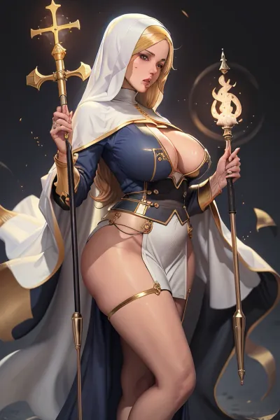 Il corpo perfetto della suora era in mostra mentre teneva uno staff d'oro e si trovava di fronte a una suora cattolica. Le sue tette tonde sono state perfettamente visualizzate nelle sue vesti bianche, e il suo velo blu scuro le ha coperto il viso. Ha tenuto un oro