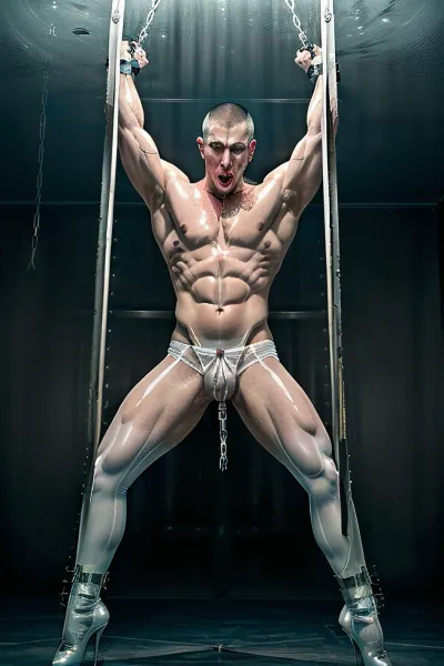 (photo taken in a Victorian luxurious interior manor full of windows with metal bars on the window), perfect illumination, (best shadow), cuckold man gay sissy boy, slave bdsm femboy, full body on photo, full body in picture, cuckold man sissy boy bending on all four, wearing soft lace transparent nylon stockings, cuckold man wearing soft lace transparent bra, sissy boy body with medium tits, (buzz-cut haircut:1.3), sissy man with huge enormous big balls and penis, sissy man medium tits, wearing white satin large push bra, masterpiece, (sissy boy looking at cock), Victorian metal jail, sissy boy wearing soft lace transparent nylon stockings, sissy boy wearing soft lace transparent bra, muscular man with an erected penis, fully naked, muscular man with both hands tied behind back with metal handcuffs and metal chains, 5 muscular man in front of sissy boy with a huge erected penis, muscular man show penis erected, detailed face, large erect penis, muscular man with both hands on hips, muscular man face, orgy, anal sex, blowjob, group sex, gang bang, screaming, double penetration, cum on face, cum on hair, cum on clothes, cum on asshole, fright and fear on his faces, detailed faces, beautiful eyes, sissy boy is wearing black stockings, perfect lighting, slim body, ((flat sissy boy chest)), (naked), blue eyes, blond hair, (highly detailed face, (beautiful, sissy boy is wearing white stockings, looks angry and worried, muscular man show penis erected, detailed face, large erect penis, (athletic man body with a big penis), flaccid dick, show penis, penis awe, <lora:penis awe【show penis:.5>, penis awe】, .5>, naked, muscular man wearing sexy white bra and white stockings and heels, side bottom-up perspective view, muscular man wearing white fetish stiletto very high heels ankle platform boots, muscular man wearing sexy white bra and stockings and heels, muscular man wearing metal shiny collar with huge metal padlock, muscular man wearing large white lace satin sheer transparent see through push bra, sexy white satin bra and stockings and heels, sissy boy body with large tits, (buzz-cut haircut:1.3), sissy man with huge enormous big balls and large erected penis, penis is dripping ejaculate cum, he is wearing ballet boots, <lora:BalletBoots:.5>, ballet boots, looking at the viewer, view from front, sissy boy girl with both hands above head straighten and tied to ceiling by metal handcuffs and metal chains, <lora:tied_wrist:.5>, <lora:chained_up:.5>))