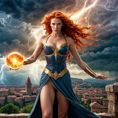 Il Red-Haired La strega delle montagne era una figura leggendaria, temuta da tutti coloro che l'hanno incontrata. La sua presenza comandava l'attenzione, e il suo potere era ineguagliabile. Era alta e comandava al centro della vivace città, i suoi capelli infuocati