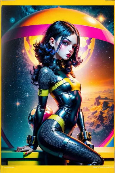 照片中的年轻女子身着黑色的太空服,口音为黄色,头发向下向后凸起. 她的嘴唇又满又满 她的角脸又高又尖