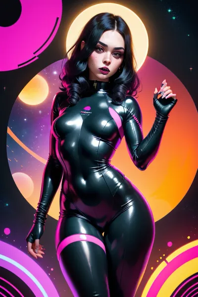 young woman wearing a space helmet on a 1970s scifi book cover, (freckles, goosebumps, pores, wrinkles:.8), spaceship cabin, little ring porthole, red planet on porthole, 1 woman 20 old year, cute tall face, long black hair, sexy yellow látex spacesuit, neon pink yellow spacesuit, natural boobs, glass helmet, round bubble glass helmet, helmet with 2 metallic antennas, propotional legs, (((pink yellow latex, skin, tight, space, helmet, astronaut, full, body))), atompunkstylesd15, ((goth, emo, emo girl:1.4)), ((pale white skin:1.2), Tattoos, long colourful black hair distinctive angular cut, with large colorful forelocks framing her face. large and green eyes, with thick, black eyelashes), <lora:weight_slider-LECO-v1:1.5>, <lora:age_slider_v20:1>, <lora:breastsizeslideroffset:.8>, caza, <lora:CazA-08:.7>, goth, girl, gothic, makeup, black, lips, <lora:goth_girl:.8>