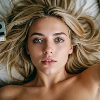 woman, selfie Polaroid photo of a very pretty naked college 20yo woman in a dorm room lying on her back with messy blonde hair and no makeup with her mouth open having an orgasm, (detailed face and eyes:1.2), Aerial view, shot from above, view from ceiling, erect nipples
